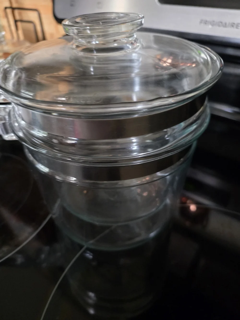 Pyrex Clear Glass Saucepan Set with Silver Metal Bands